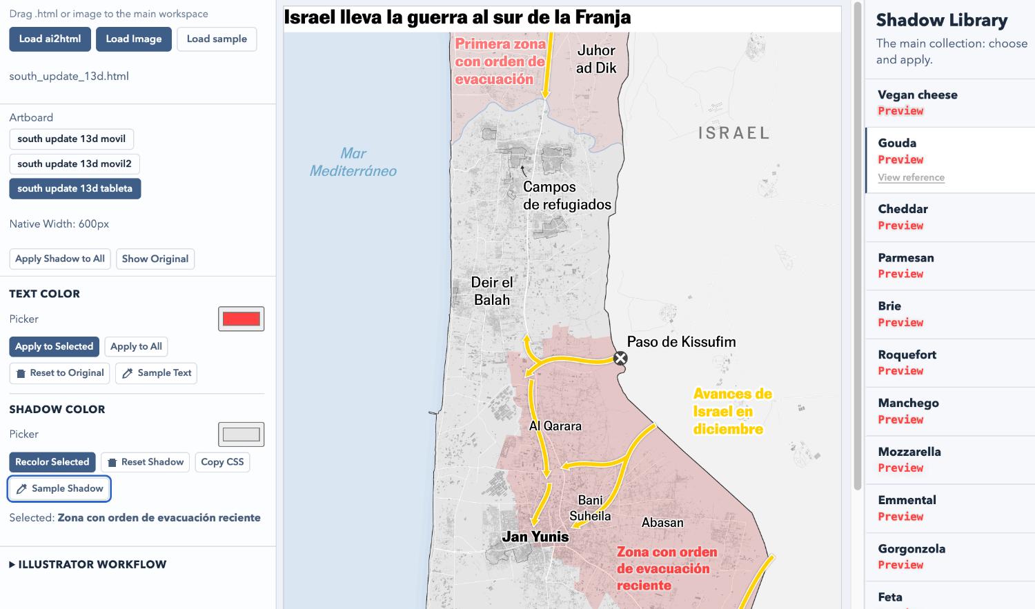 Cheesy Shadow Picker v2 editing workspace with map labels and shadow controls.