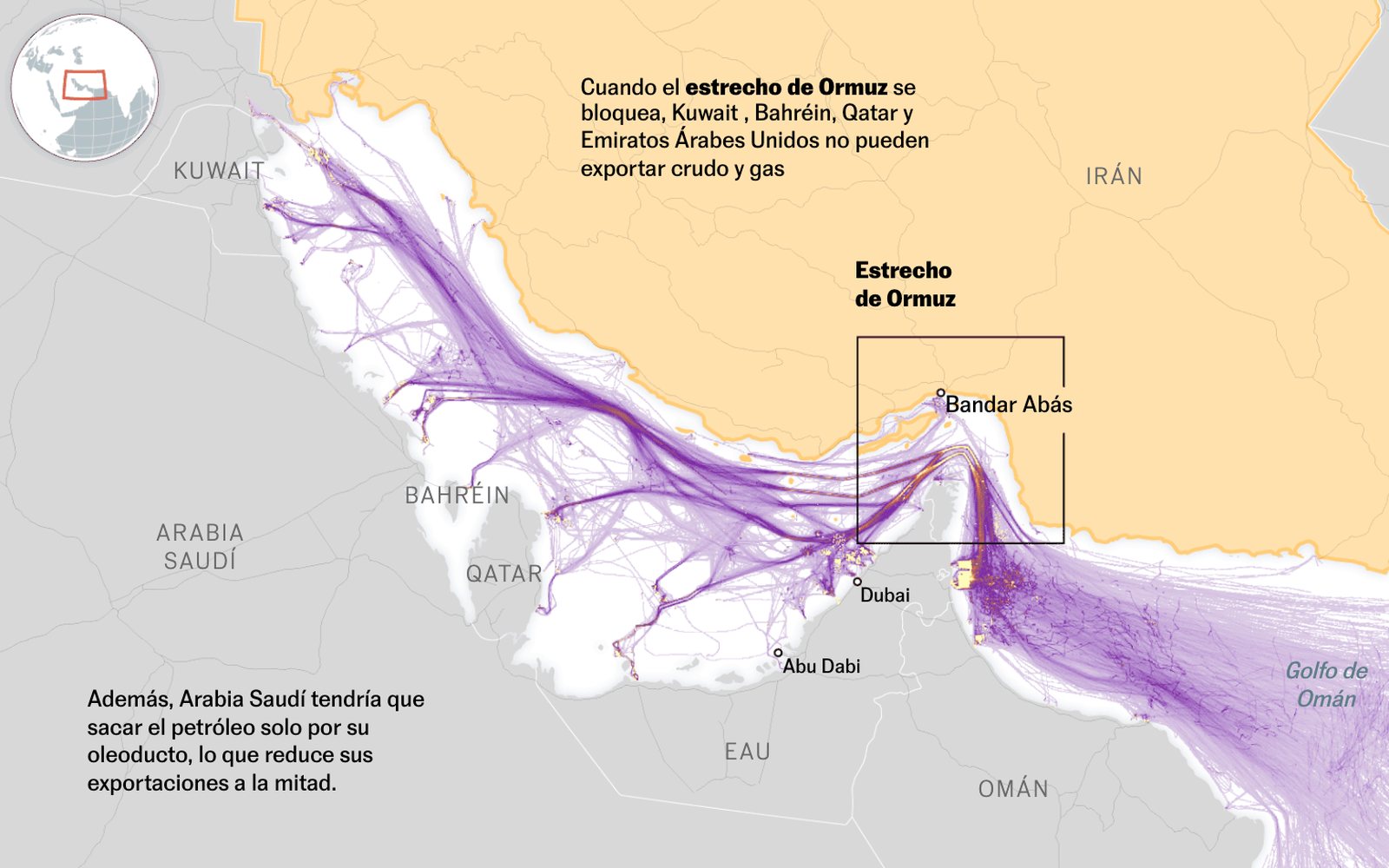 Map detailing shipping tracks and strategic bottlenecks around the Strait of Hormuz.