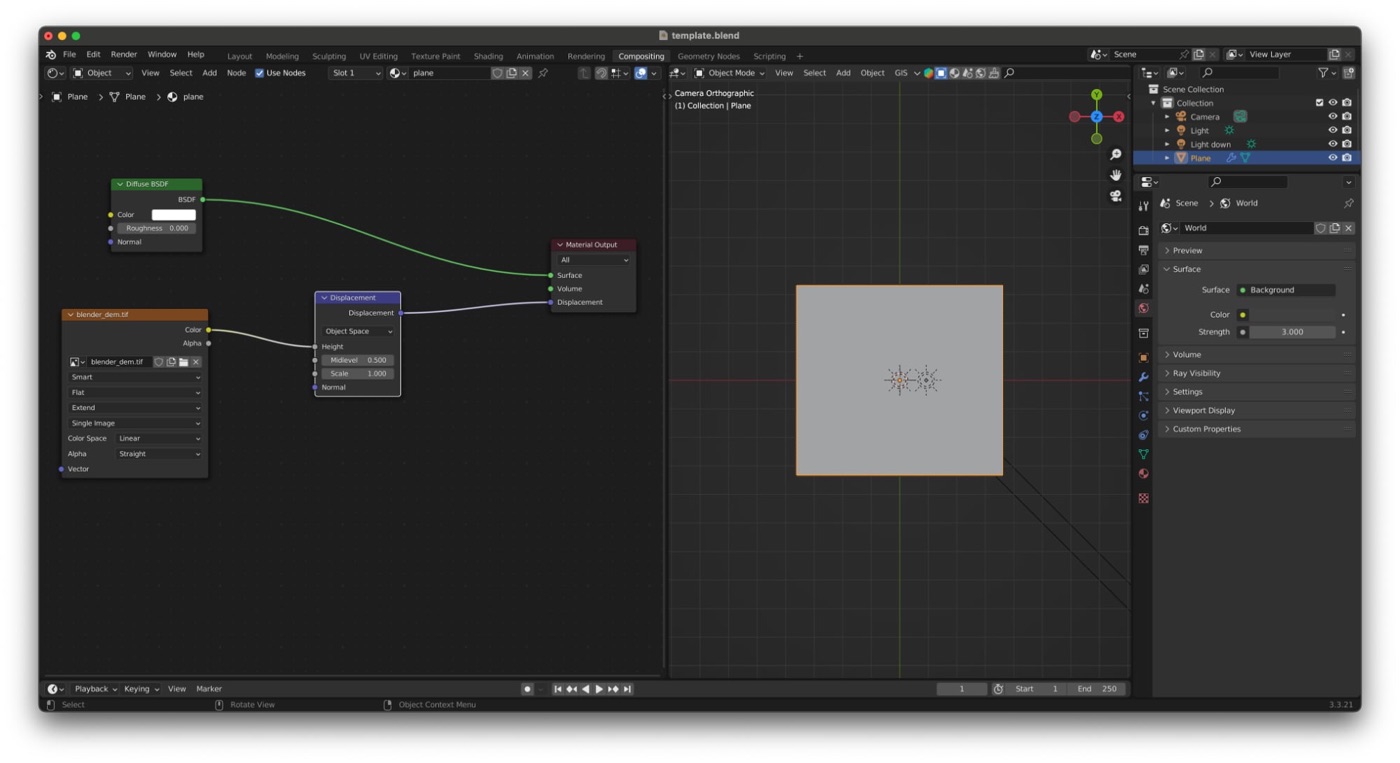 Relievo Blender template setup used for automated relief rendering.