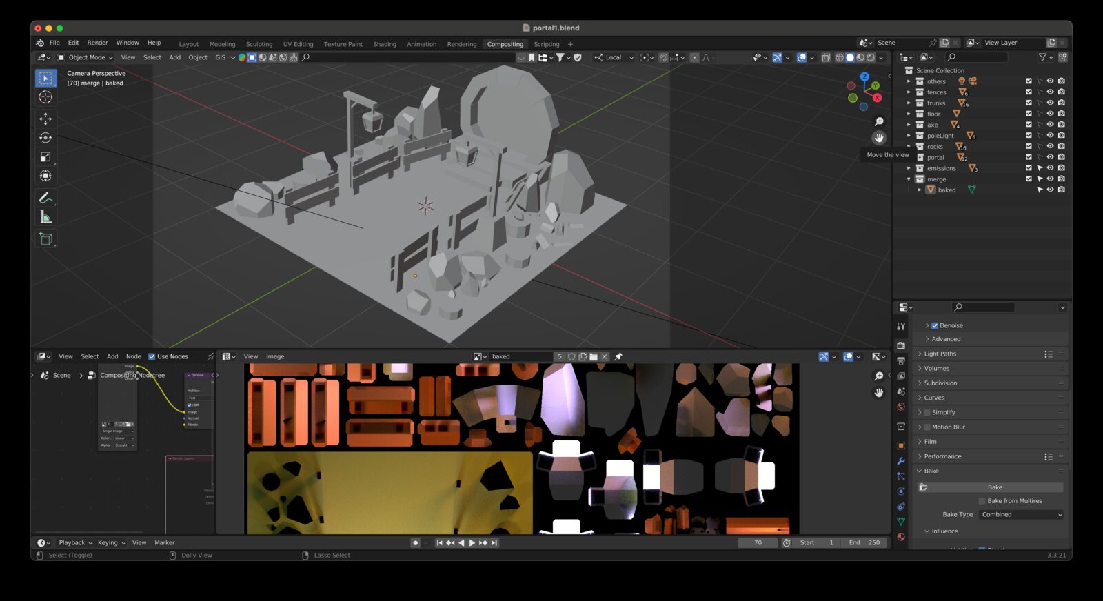 Blender viewport with the portal scene and baked texture atlas prepared for Three.js.
